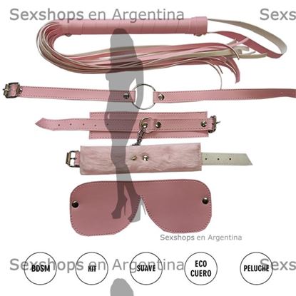 Kit de ecocuero rosa con antifaz, mordaza, esposas y latigo